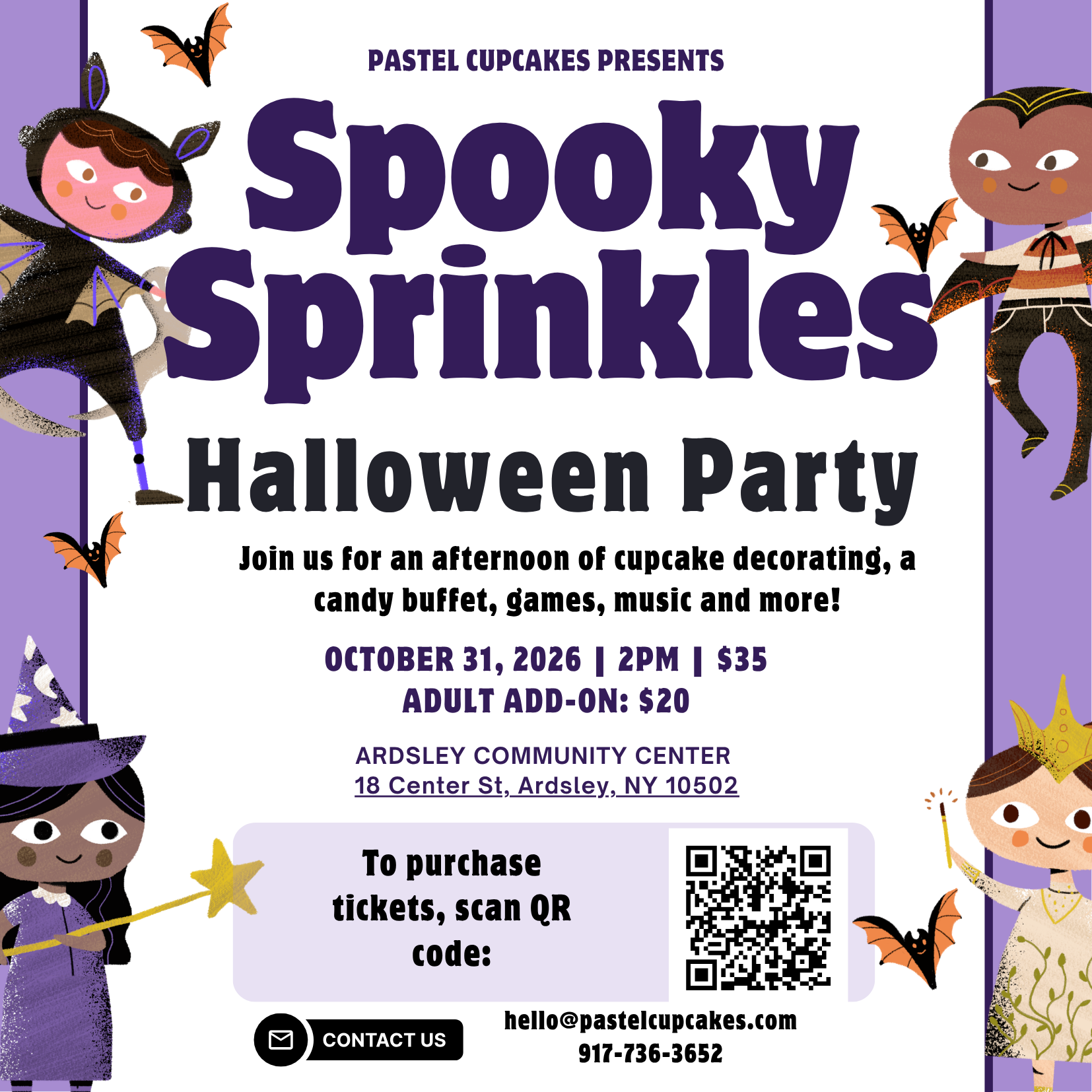 Spooky Sprinkles Halloween Party flyer — October 31, 2026 at 2pm, Ardsley Community Center, 18 Center St, Ardsley, NY