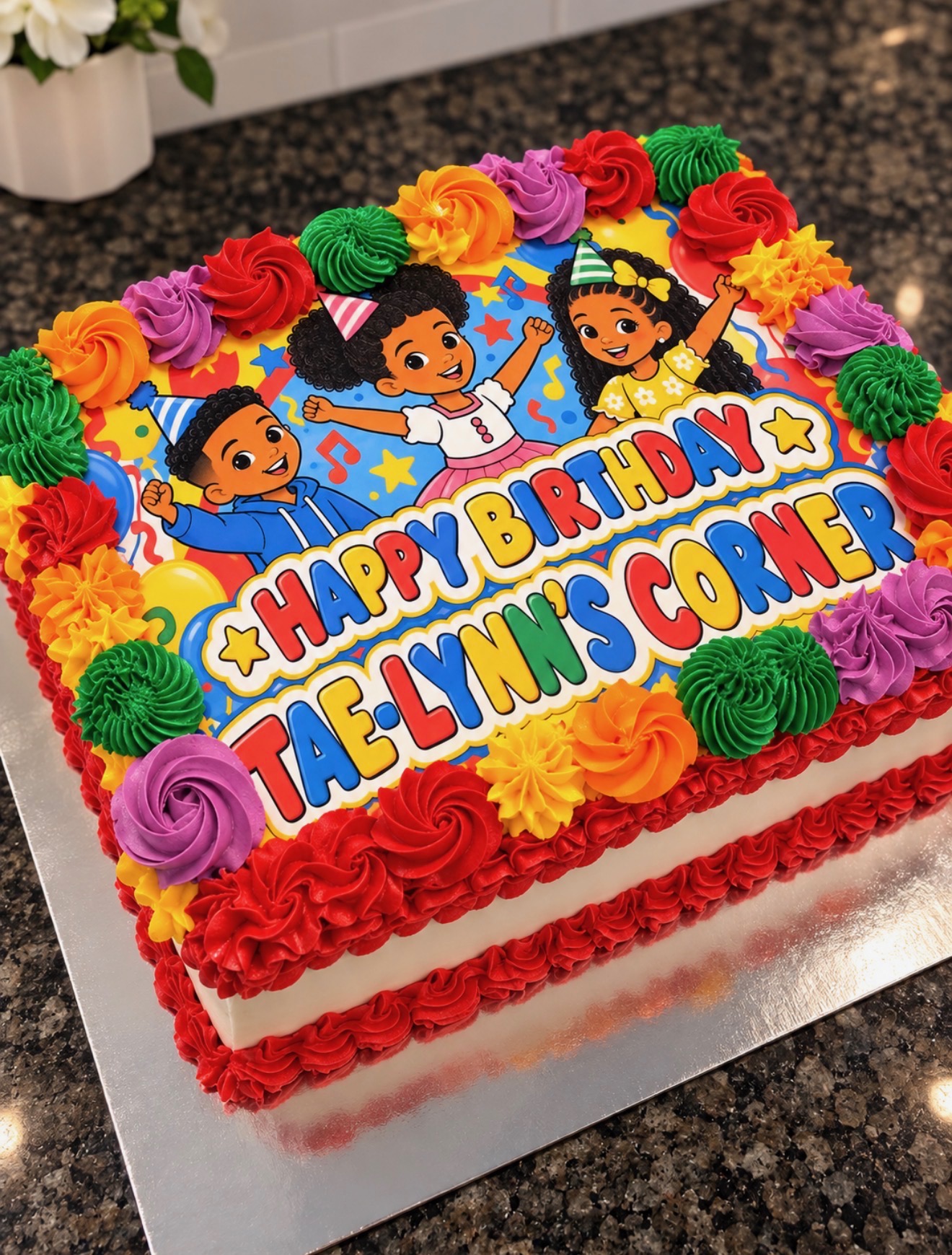 Sheet cakes with rosette borders and printed toppers